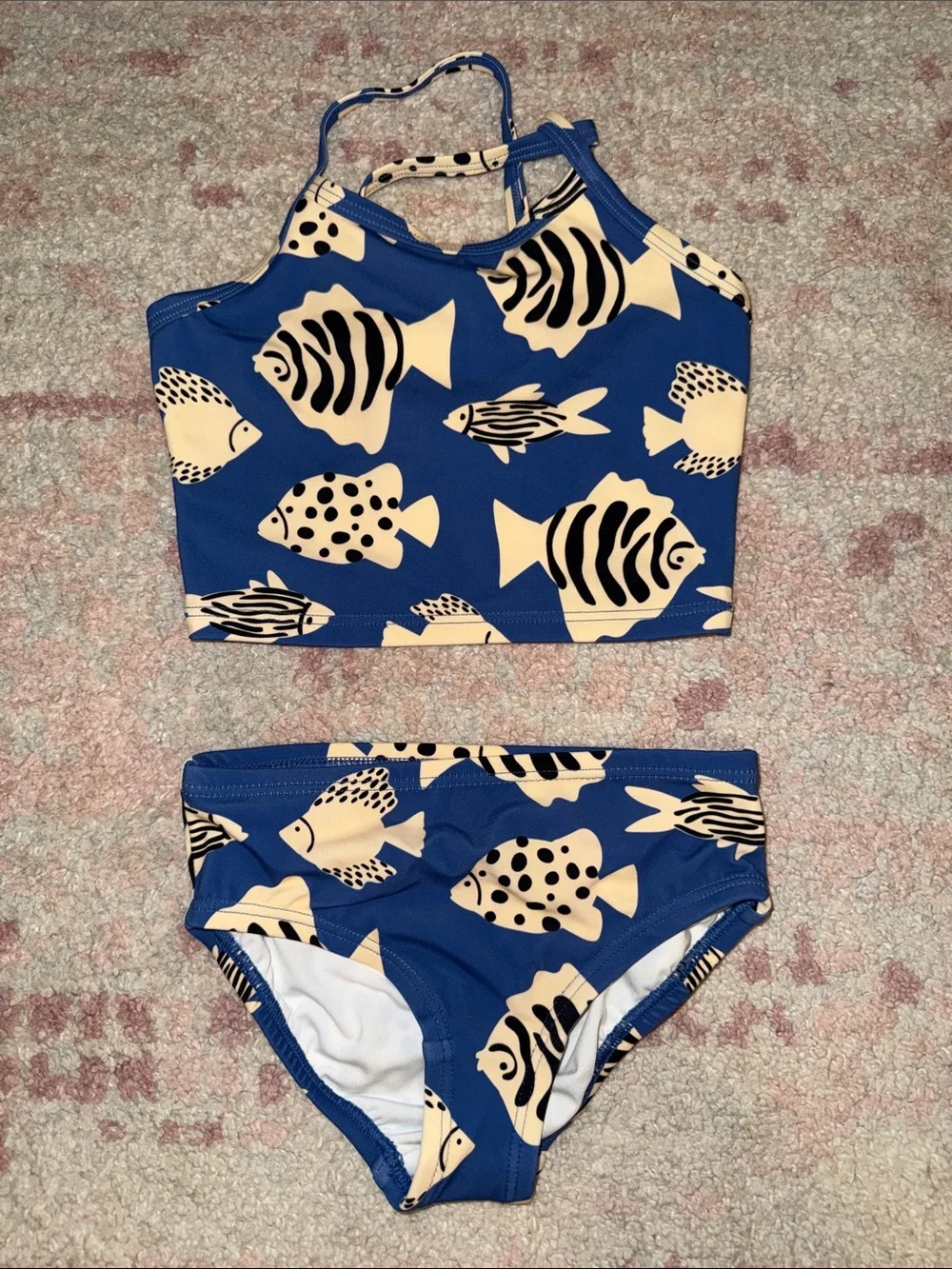 Hanna Andersson Blue and Cream Fish-Print Two-Piece Swim Set - Size 4 NWOT